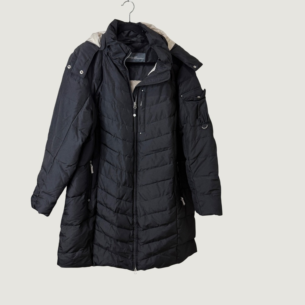 Eddie Bauer Down Parka Jacket Black Quilted Faux Fur Hood 2X Utility Gorpcore